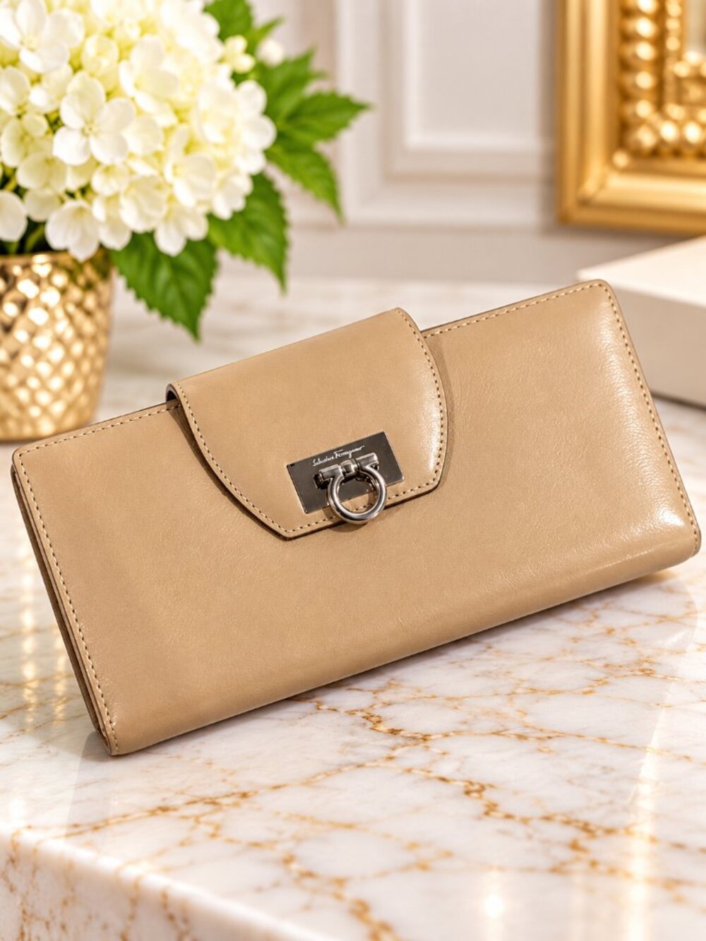 Salvatore Ferragamo Beige Leather Gancini Clasp Continental Long Wallet purse